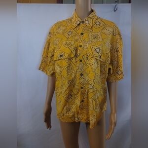 Liz Wear Bandana Print Button Up Shirt Medium Yellow Western Streetwear Cotton